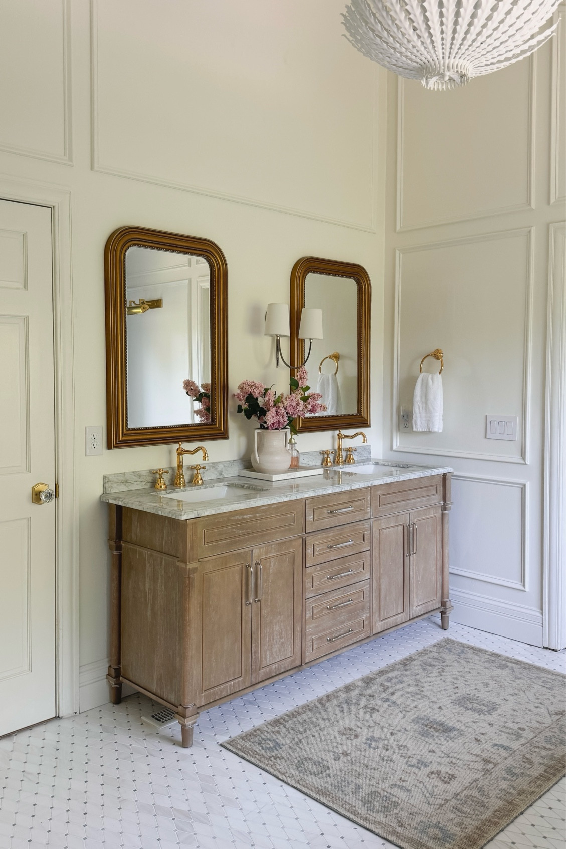 Wall color: Sherwin Williams Greek Villa 

Curtain details:
Isabella heavyweight polyester cotton blend
Winter Sky
Triple pleated header
Room darkening liner
memory training
My curtain measurements 91”L x 60”W

Bathroom decor, bathroom vanity, white oak vanity, Home Depot, Wayfair, faucet, Rohl plumbing, home decor, neutral decor 

#LTKStyleTip #LTKHome #LTKSaleAlert