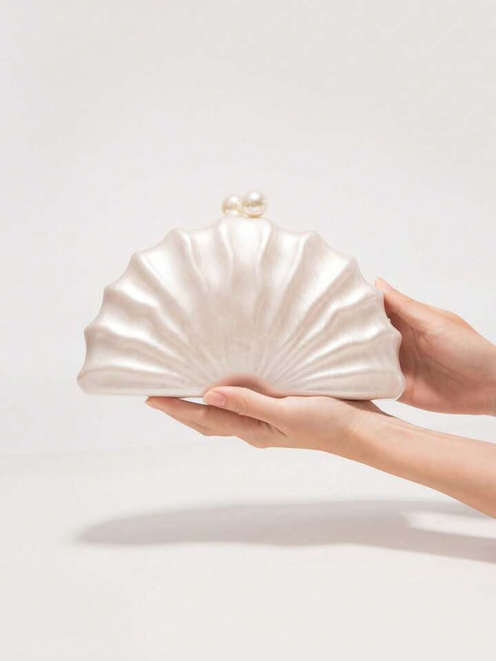 Fan Shell Clutch Bag Ivory Faux Pearl Color Women Evening Party Cute Shell Purse Handbag 2024 New... | SHEIN