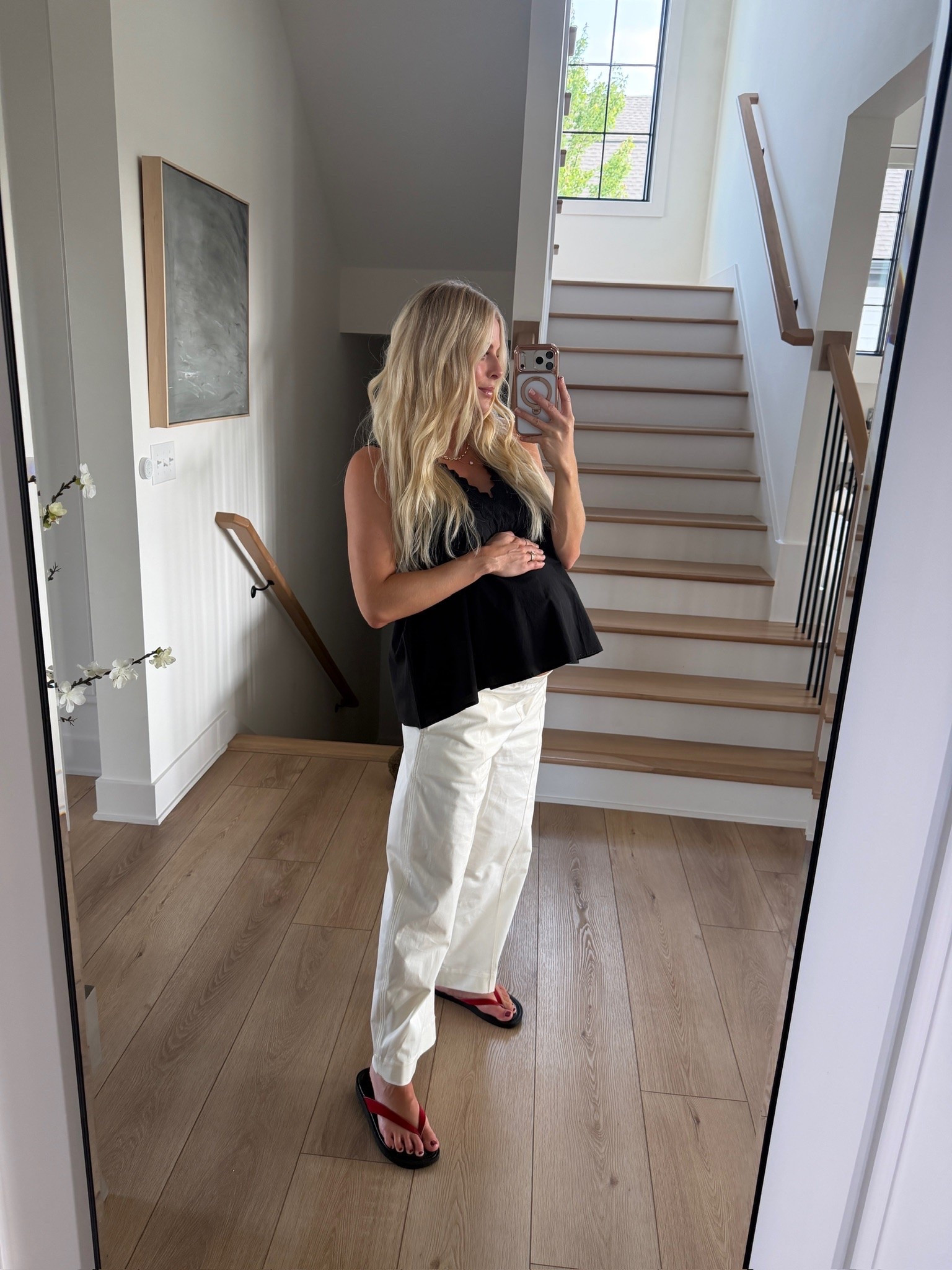 Wearing a 4 in top, medium in pants (sized up for pregnancy), shoes run tts, code “kpgs20!” for discount on necklace! #kathleenpost

Summer outfit 2026, summer look, bump friendly, casual chic outfit