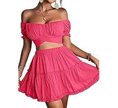 LYANER Women's 2 Piece Outfits Floral Off Shoulder Tie Up Crop Top and Mini Skirt Set | Amazon (US)