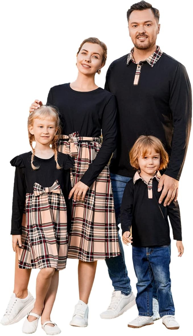 PATPAT Family Matching Outfits Mommy and Me Dresses Matching Set Long Sleeve Plaid Midi Dress and... | Amazon (US)