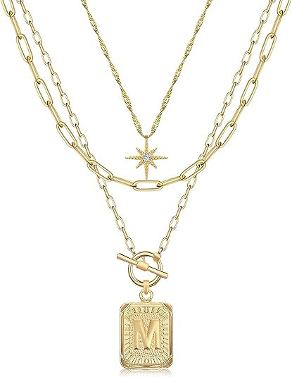 MJartoria Layered Initial Necklaces for Women Trendy, 14K Gold Plated Simple Star Choker Square L... | Amazon (US)