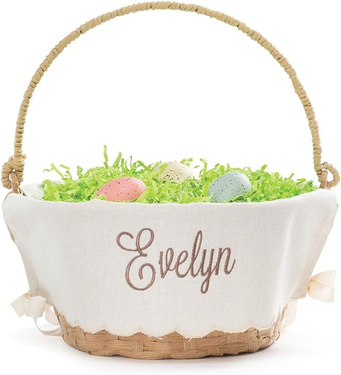 Personalized Easter Egg Basket with Handle and Custom Name in Brown Script | Scallop Edge Linen E... | Amazon (US)