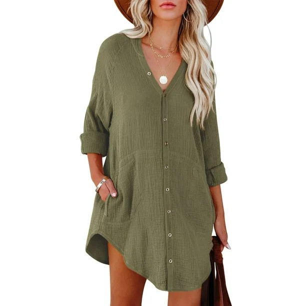 Esobo Women's Long Sleeve Button Down Tunic Shirts Cute V Neck Tops Cotton Cover Up with Pockets | Walmart (US)