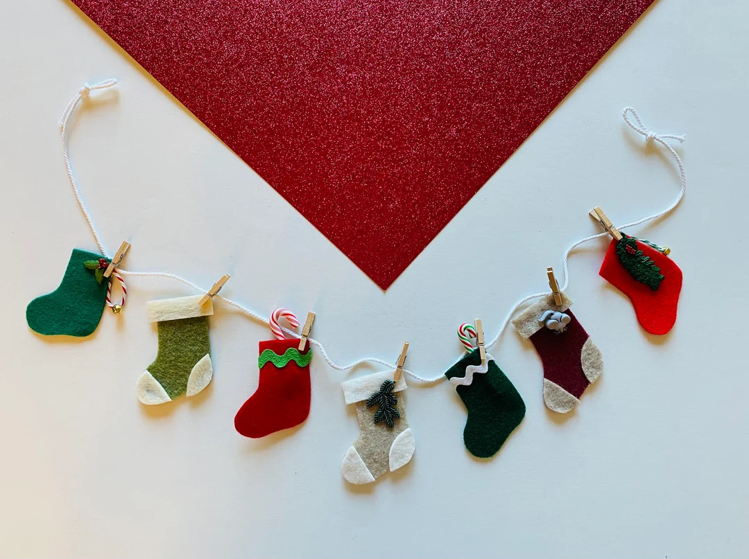 Christmas Stocking Miniature Felt Clothesline Banner, Garland, Bunting Decoration - Etsy | Etsy (US)