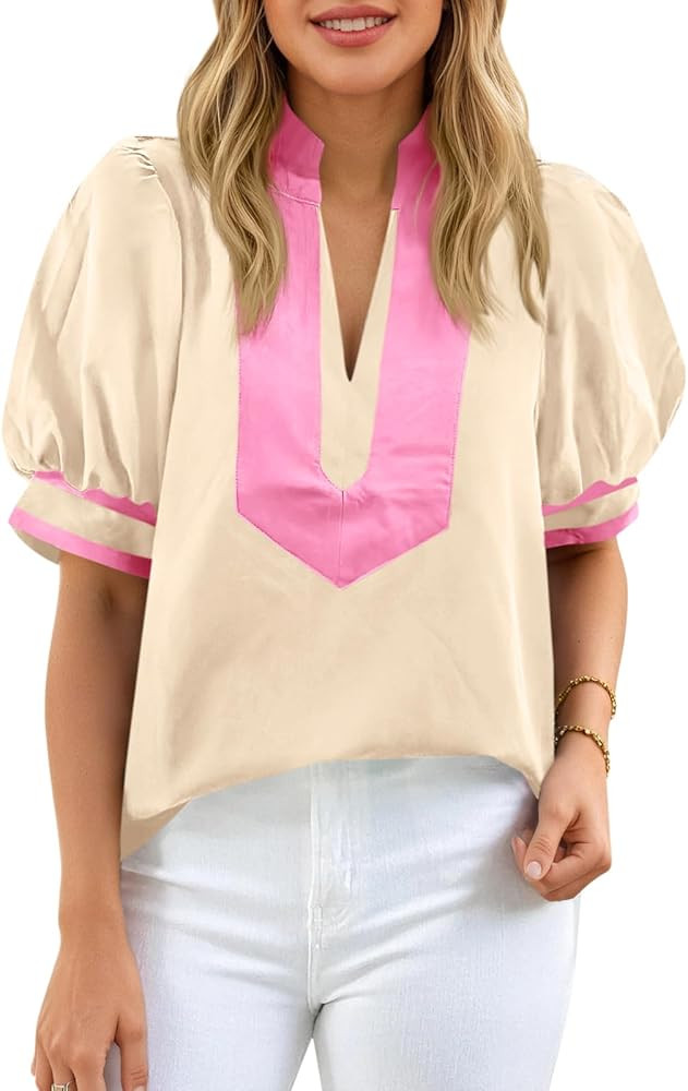 Cicy Bell Womens Color Block Puff Sleeve Blouses Summer Casual Dressy V Neck Tops Loose Fit Tee S... | Amazon (US)