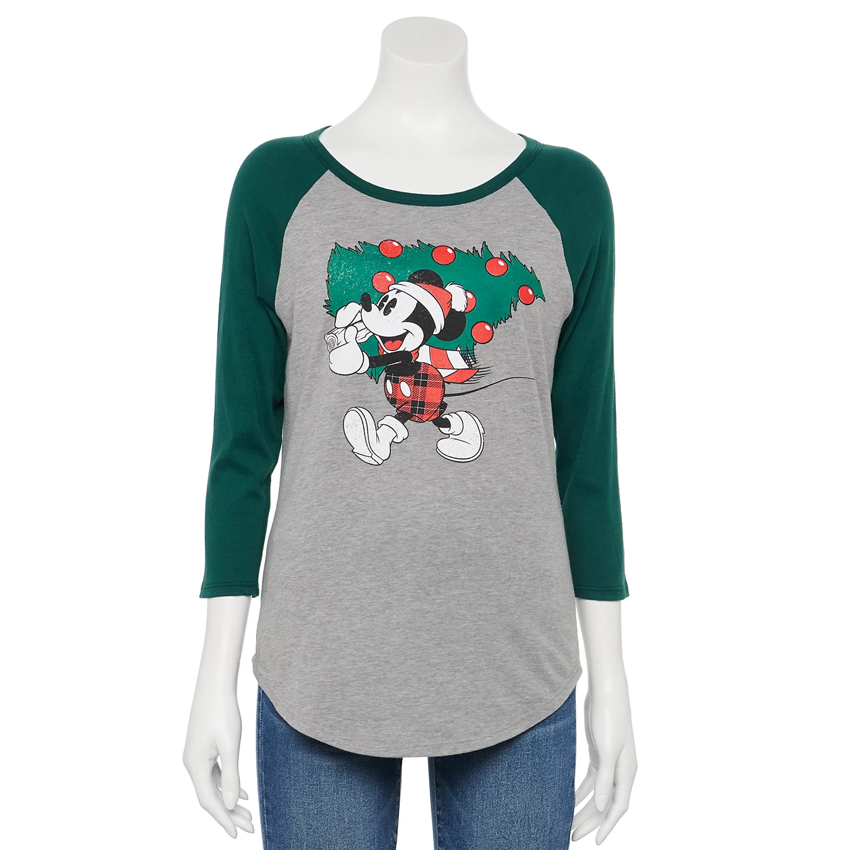 Juniors' Disney's Mickey Mouse Mickey Holding Christmas Tree Graphic Raglan Tee | Kohl's