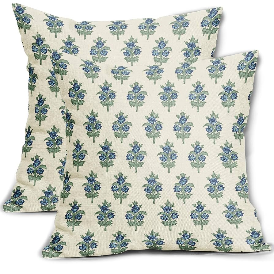 Sage Green Blue Floral Block Print Pillow Covers 18x18 Set of 2 Spring Flower Pattern Decorative ... | Amazon (US)