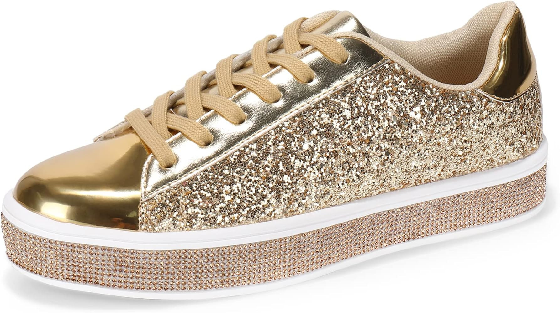 UUBARIS Womens Glitter Tennis Sneakers Neon Dressy Sparkly Sneakers Rhinestone Bling Wedding Bridal  | Amazon (US)