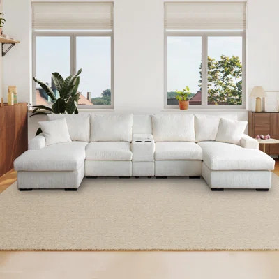 Modern U-shaped Sectional Sofa, 126" Oversized Cloud Couch With Double Chaise, Storage Console & Cup Holders | Wayfair North America