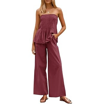 Tankaneo Womens 2 Piece Outfits Summer Strapless Tube Tops Wide Leg Pants Cotton Vacation Pleated... | Amazon (US)