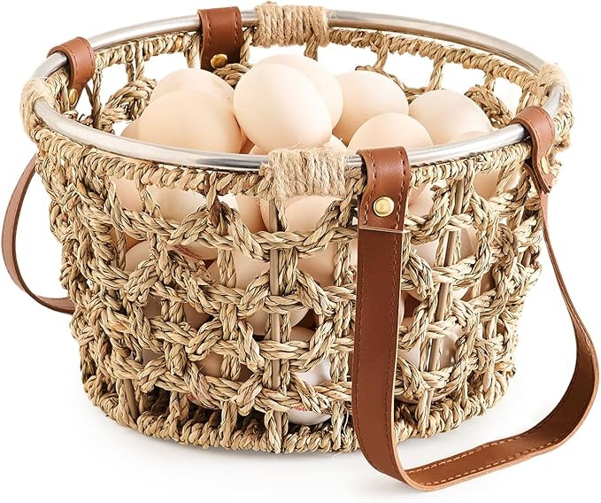 Farmhouse Seagrass Egg Baskets for Collecting Fresh Eggs Handmade Wicker Egg Collecting Basket Ro... | Amazon (US)