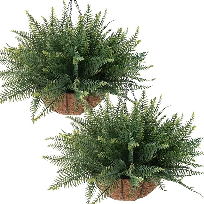 Fake Ferns Hanging Baskets,2PCS Artificial Hanging Plants Outdoor, 2 Hanging Planters with 24 Pcs... | Amazon (US)