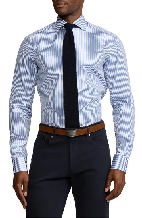 Ralph Lauren Purple Label Basic Bengal Stripe Cotton Poplin Button-Up Shirt in Medium Blue And White at Nordstrom, Size 17 | Nordstrom