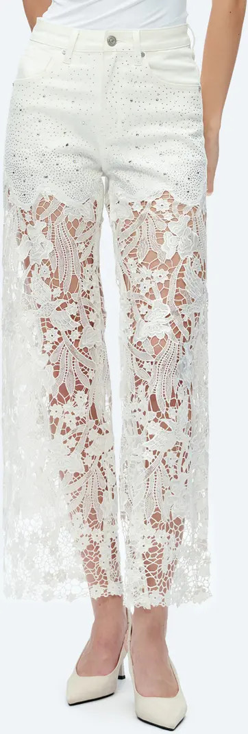 High Waist Crystal Embellished Lace Wide Leg Jeans | Nordstrom