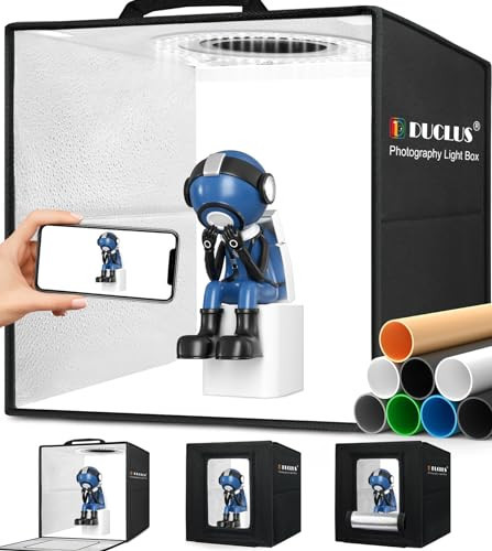 DUCLUS Light Box Photography, 12"x12" Photo Booth Box with 120 LED Lights Dimmable & CRI＞95, Portable Lightbox with 8 Backdrops for Mini Product Photography: Jewelry, Cards, Watches | Amazon (US)
