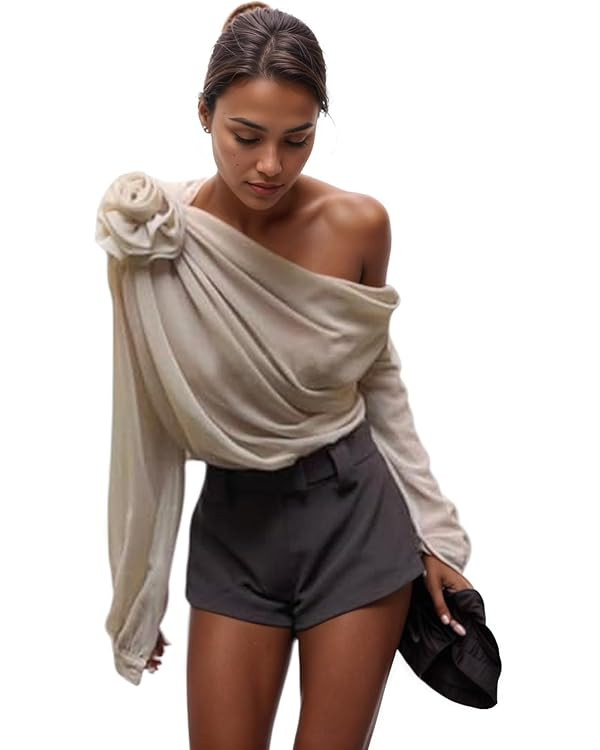 OCUH Asymmetric Draped Jumper Off The Shoulder Sweater Top 3D Flower Tops Y2k Pullover Sweaters | Amazon (US)