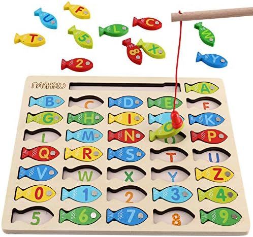 Magnetic Wooden Fishing Game Toy for Toddlers, Alphabet Fish Catching Counting Games Puzzle with Num | Amazon (US)