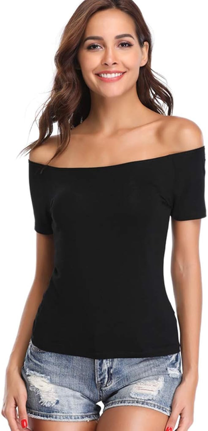 fuinloth Women's Off Shoulder Tops, One Shoulder Shirts, Short Sleeves Sexy Slim Fit Tees | Amazon (US)