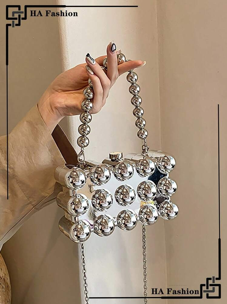 Mini Sliver Fashionable Wave Bead Handbag, Metallic Box Clutch Bag, Evening Party Purse, Makeup & Cellphone Bag, Unique Chain Crossbody Bag, Fun Gift | SHEIN