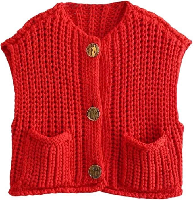 Chevara Women’s Chunky Cropped Sweater Vest Cute Sleeveless Crewneck Button Down Crop Knit Card... | Amazon (US)