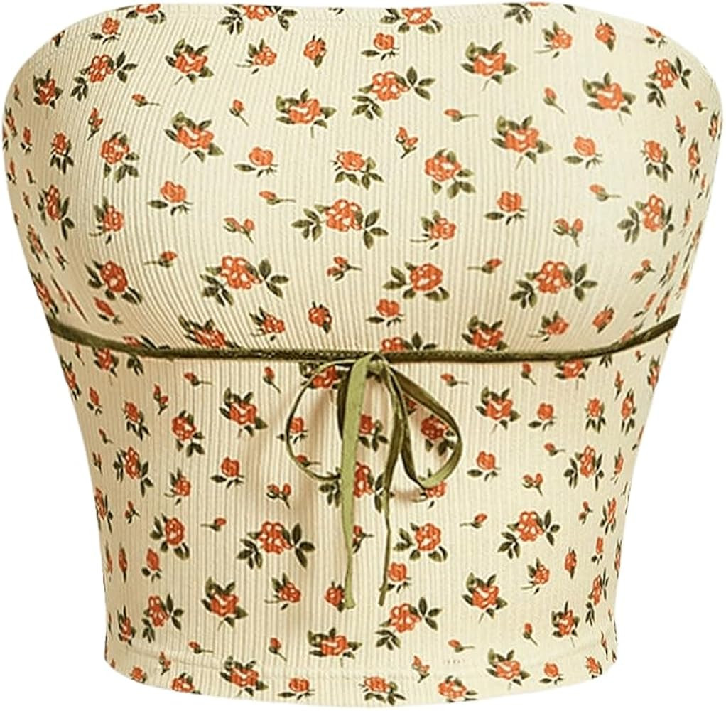 Milumia Women's Ditsy Floral Tube Top Tie Front Strapless Bandeau Going Out Crop Tops Yellow Smal... | Amazon (US)