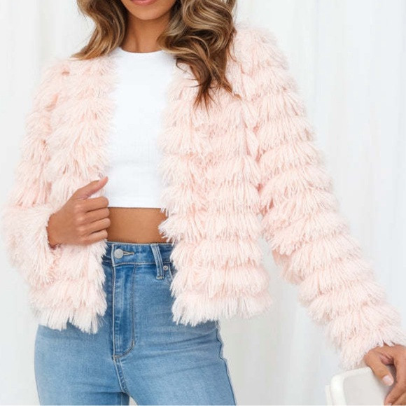 ANDREE // Faux Fur Fringe Jacket in Light Pink / Pink Spring Jacket for Women | Poshmark