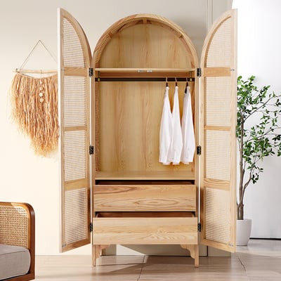 Natural Woven Rattan Bedroom Clothing Armoire with Hidden 2 Doors and Drawers Wardrobe | Homary | Homary
