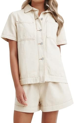 Kedera Summer Denim Set for Women 2 piece Casual Short Sleeve Boxy Shirt Tops and Shorts Pants Lo... | Amazon (US)