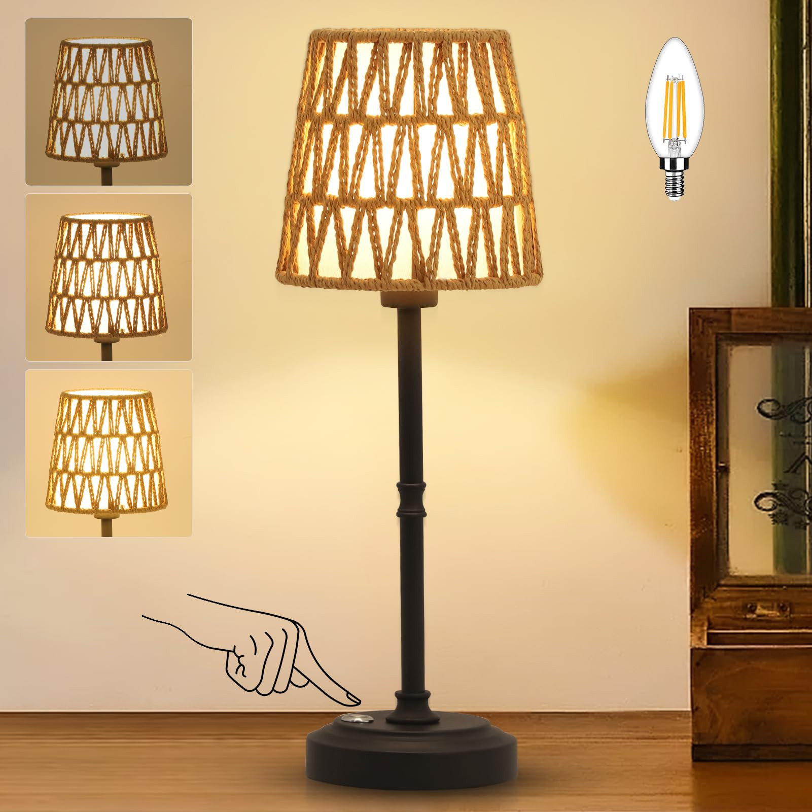 Boho Cordless Table Lamp With Dimmer, Rattan Rechargeable Table Lamp With Stepless Brightness, Bu... | Amazon (US)