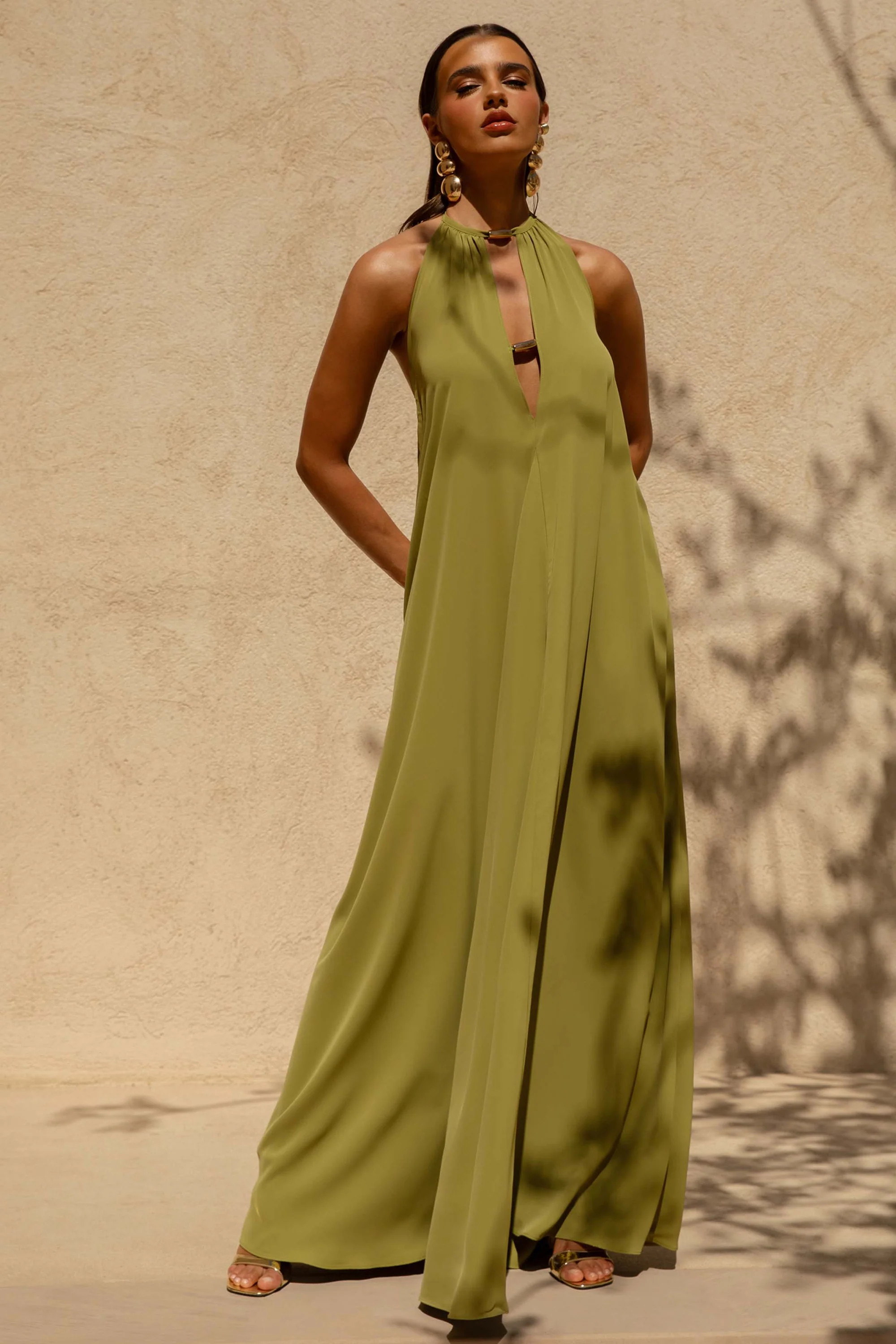 Zyon | Green High-Neck Maxi Dress with Cut-Out Details | Club L London