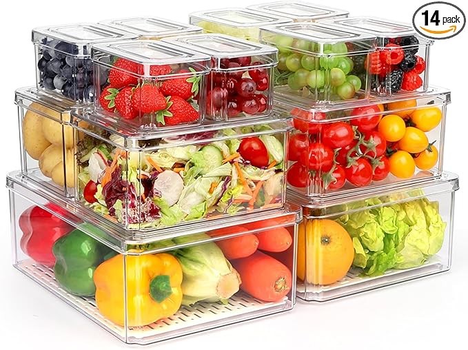 14 Pack Fridge Organizer Bins, Clear Refrigerator Organizing with Lids, Stackable Refrigerator Or... | Amazon (US)