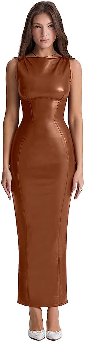XLLAIS Women's Faux PU Leather Bodycon Maxi Dress Sexy Boatneck Tank Long Dresses | Amazon (US)