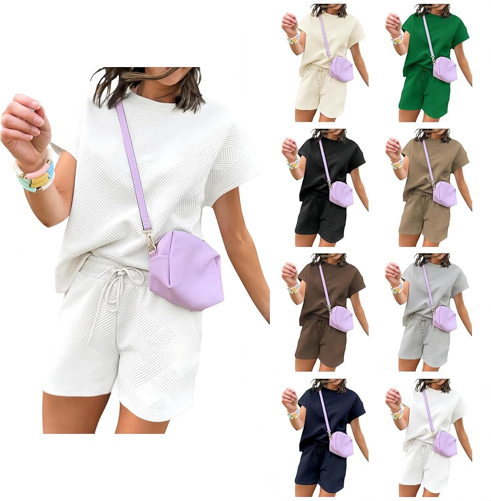 Women's 2 Piece Outfits Sweatsuit Short Crewneck Sleeve Shirt Pullover Tops Drawstring Shorts Pan... | Amazon (US)