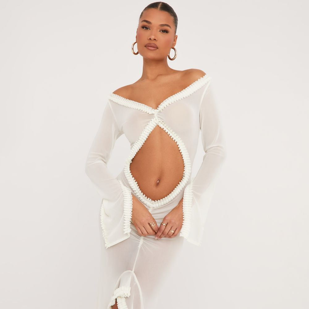 Plunge Long Sleeve Frill Detail Cut Out Front Maxi Dress In Cream Mesh | EGO (UK)