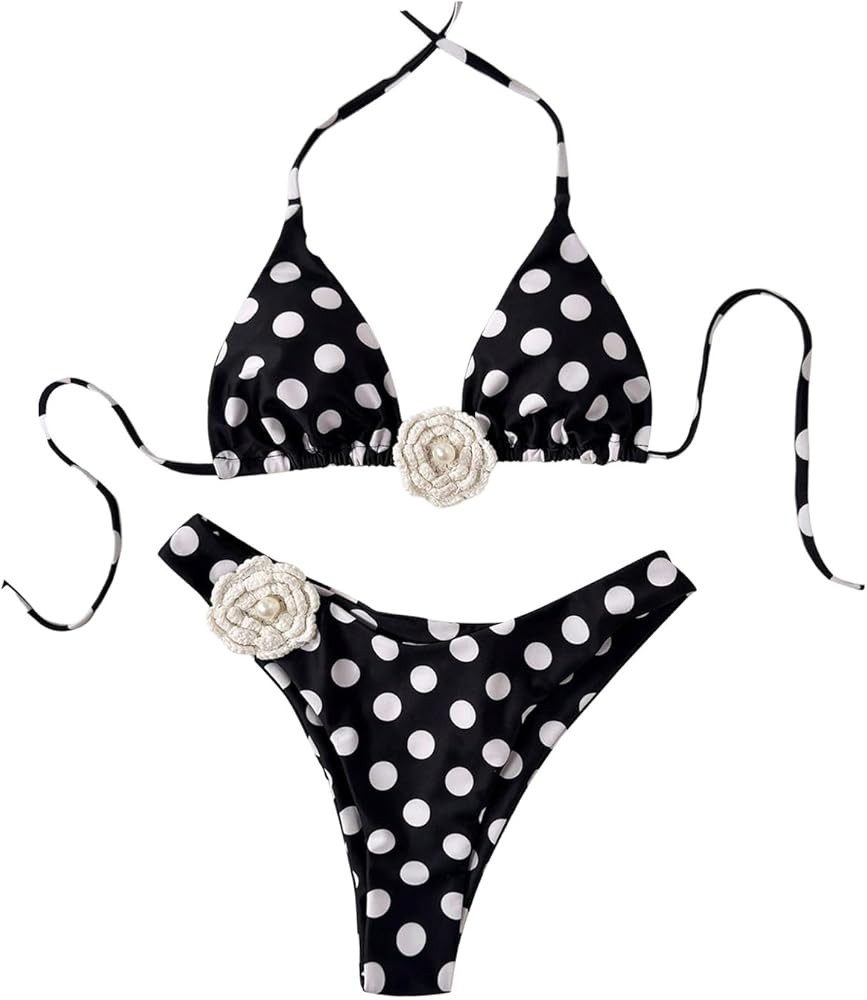 Verdusa Women's 2 Piece 3D Flower Halter Bikini Set Polka Dots Thong Bathing Suits | Amazon (US)