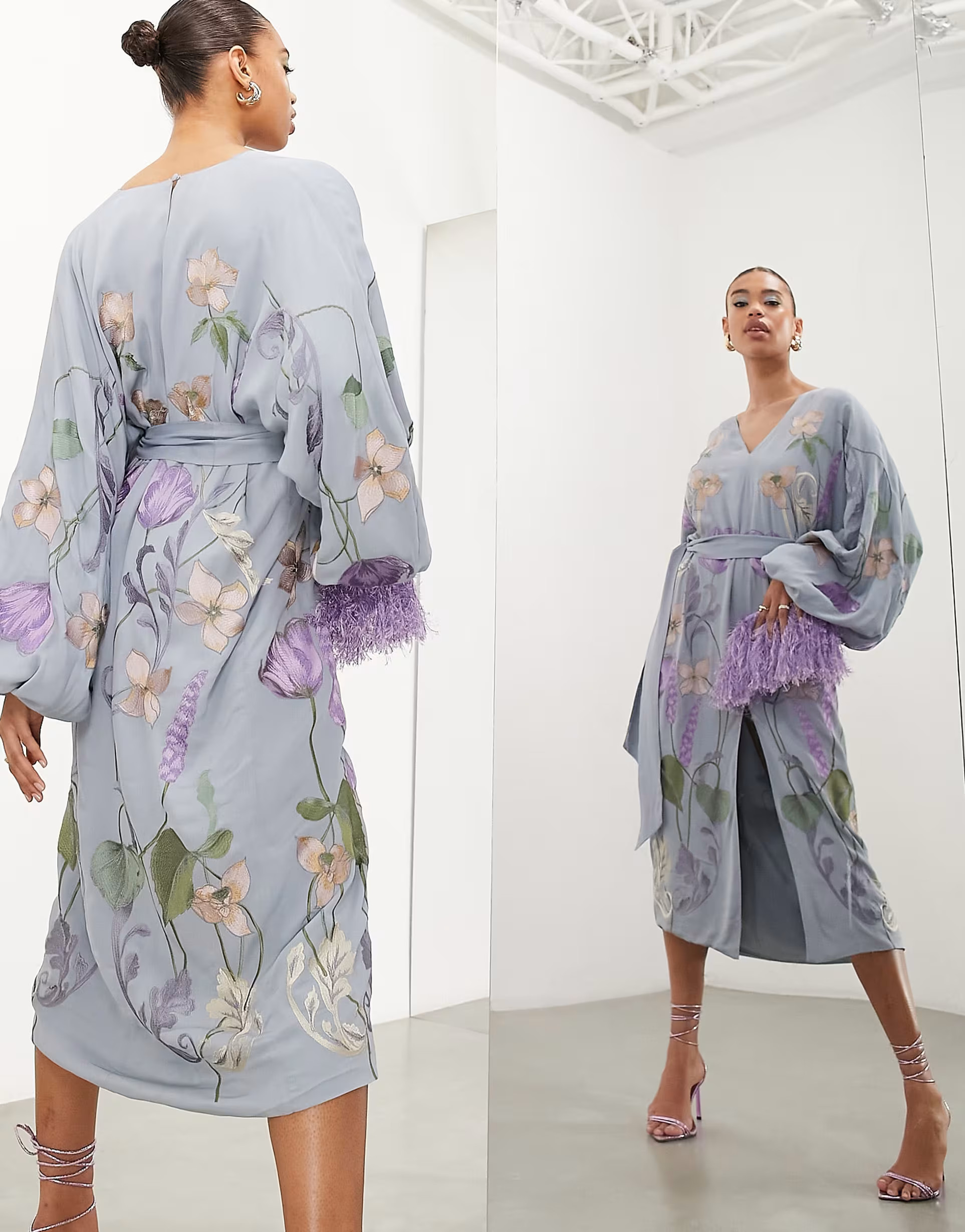 ASOS EDITION V-neck midi dress with ornamental floral embroidery in dusky blue | ASOS (Global)