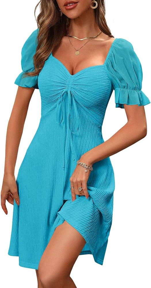 Wenrine Womens Short Puff Sleeve Mini Dresses Summer Drawstring Sweetheart Neck Casual Flowy Dres... | Amazon (US)