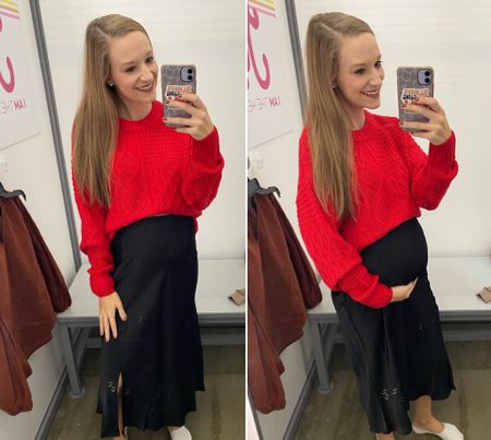 The prettiest red cable knit sweater paired with a slip black skirt!! Walmart fashion! Holiday outfits! Christmas outfit idea!! 