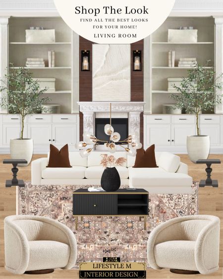 Transitional Living Room Design Idea. Black brass coffee table, black wood end table, swivel upholstered arm chair, brown traditional rug, white sectional sofa, brown throw pillow, black table vase, glass bubble chandelier, white tree planter pot, faux olive tree, chimney mantle, white minimal wall art, wall sconce light.

#LTKhome #LTKFind #LTKstyletip