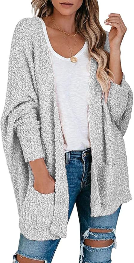 MILLCHIC Women's Fuzzy Popcorn Batwing Sleeve Cardigan Knit Oversized Sherpa Sweater Pockets Coat | Amazon (US)