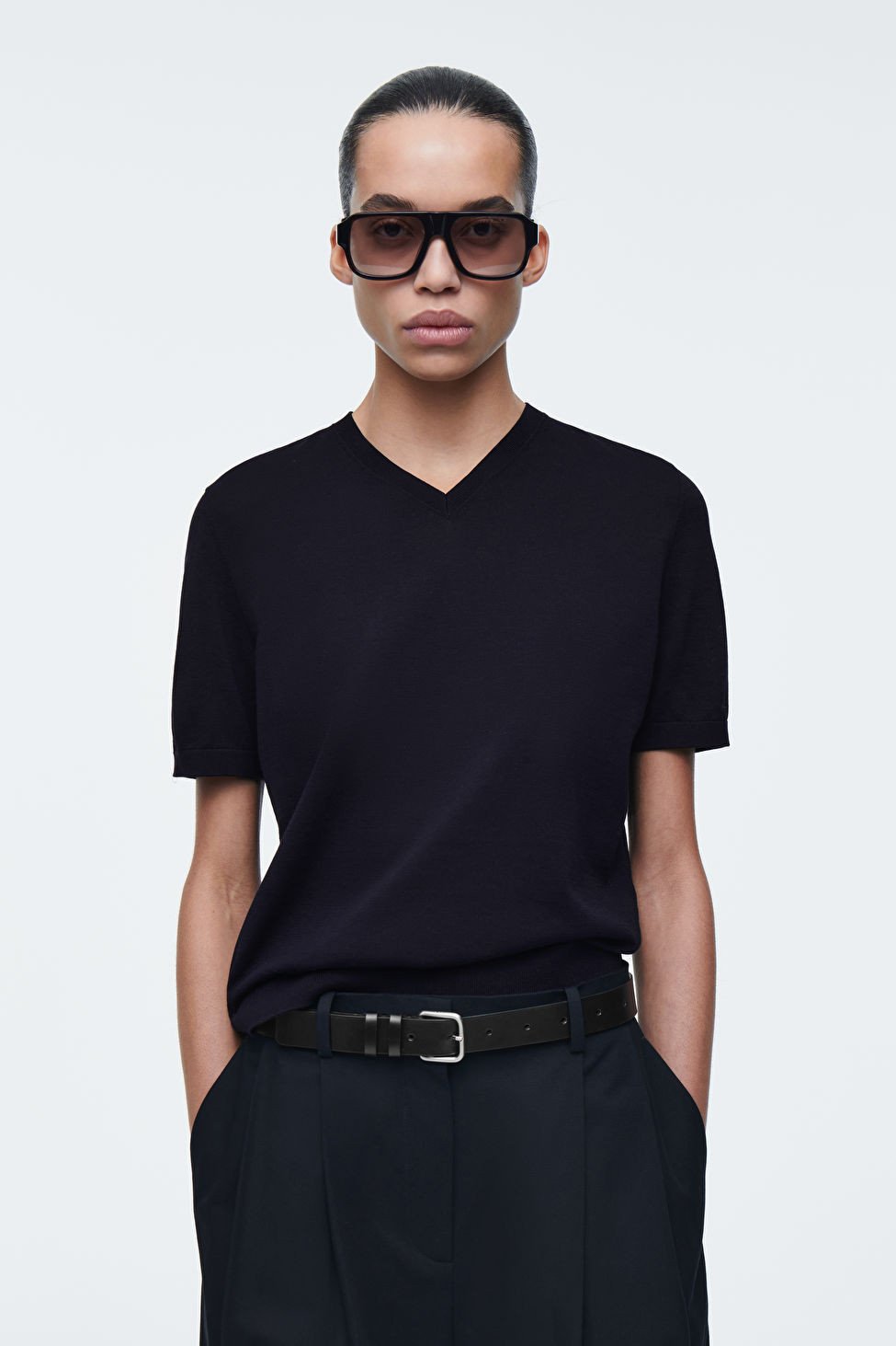 KNITTED COTTON V-NECK T-SHIRT | COS (US)