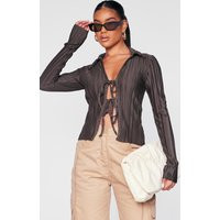 Khaki Plisse Tie Front Shirt | PrettyLittleThing UK