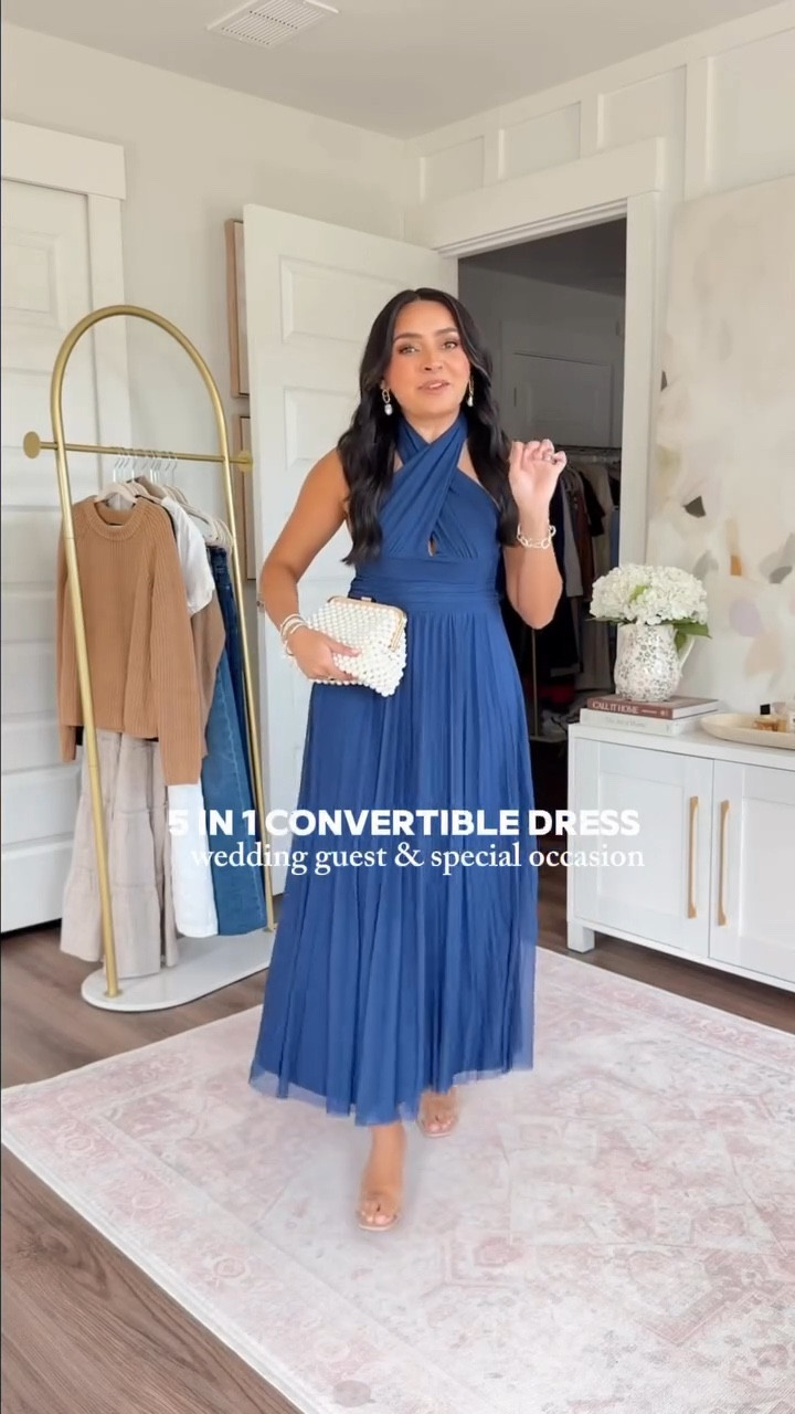 5 in 1 Convertible Dress!
For reference: I’m 5’0, petite, 32b bra size, and 2/26 in bottoms, pear shaped. *Everything I share is unaltered! TTS means true to size. Between size 5–6.5 in shoes

Dress size xs petite TTS
Clear heels size 5 TTS 

 #LTKgrwm #LTKootd #LTKSaleAlert #LTKPetite #LTKWedding