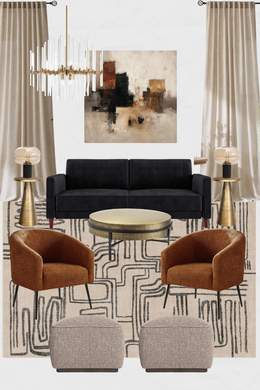 Rust and Black Living Room Moodboard, Eclectic Living Room design ideas, Glam living room decor, abstract wall art, abstract area rug, rust accent chairs

#homedecor #rustlivingroom #eclectichome #livingroomdesign #livingroomdecor 

 #LTKHome #LTKSaleAlert