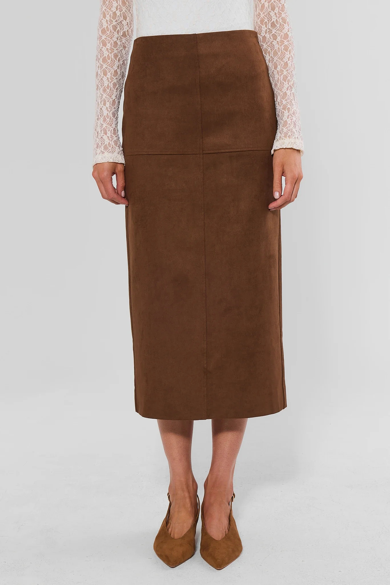 Annalise Brown Faux Suede Midi Skirt | Avara