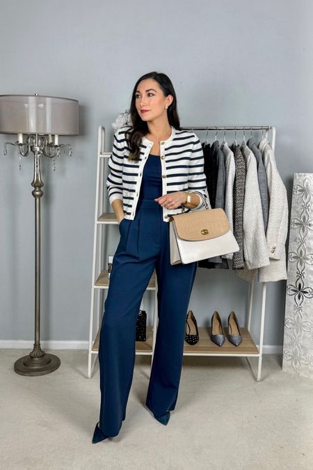 Business professional work outfit 💙🤍

Navy and white striped lady cardigan size small, TTS
Navy top (linked similar)
Navy high rise wide leg pants size 27 curve love long, TTS 
Navy heels (linked similar)

Work wear 
Office outfit 
Abercrombie pants 
J.Crew cardigan 



#LTKstyletip #LTKsalealert #LTKworkwear