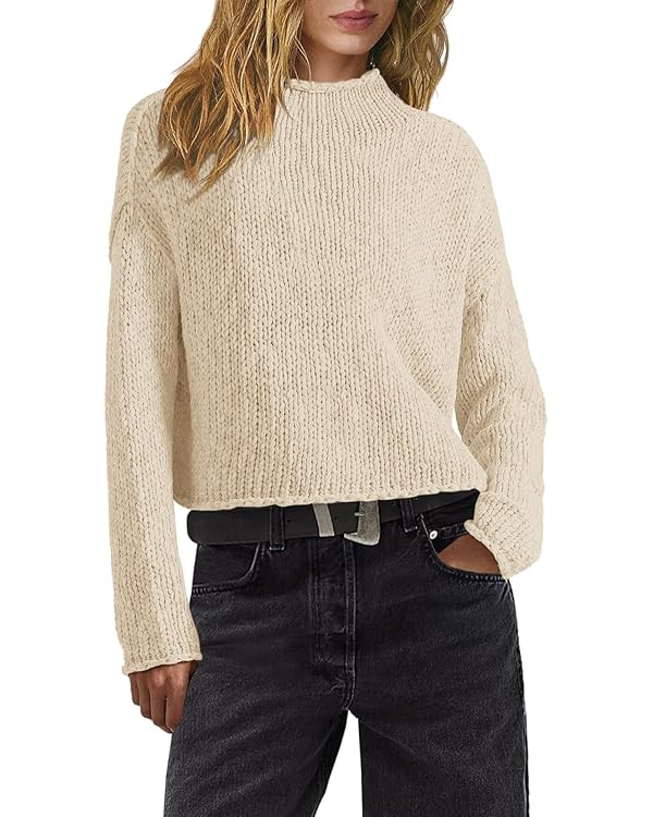 ReachMe Womens Oversized Cropped Sweaters Chunky Knit Sweater Long Sleeve Mock Neck Pullover Tops... | Amazon (US)