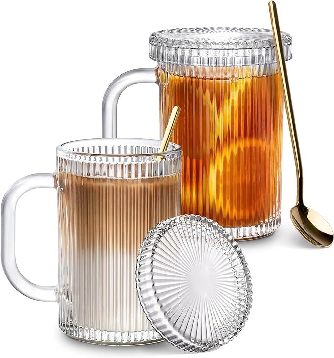Combler Glass Coffee Mugs, 13oz Clear Coffee Mug with Lid and Spoon, Ribbed Tea Cup Set of 2, Cof... | Amazon (US)