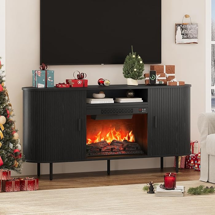 63" Fluted Fireplace TV Stand 23" Electric Fireplace, Modern Entertainment Center with Power Outl... | Amazon (US)